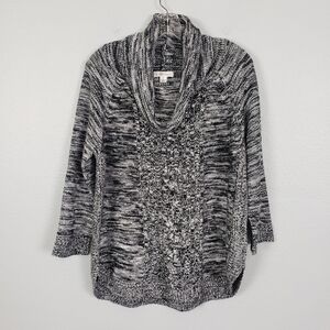 JOHN PAUL RICHARD Cowl Neck 3/4 Sleeve Curved Hem Sweater Black White Sz L